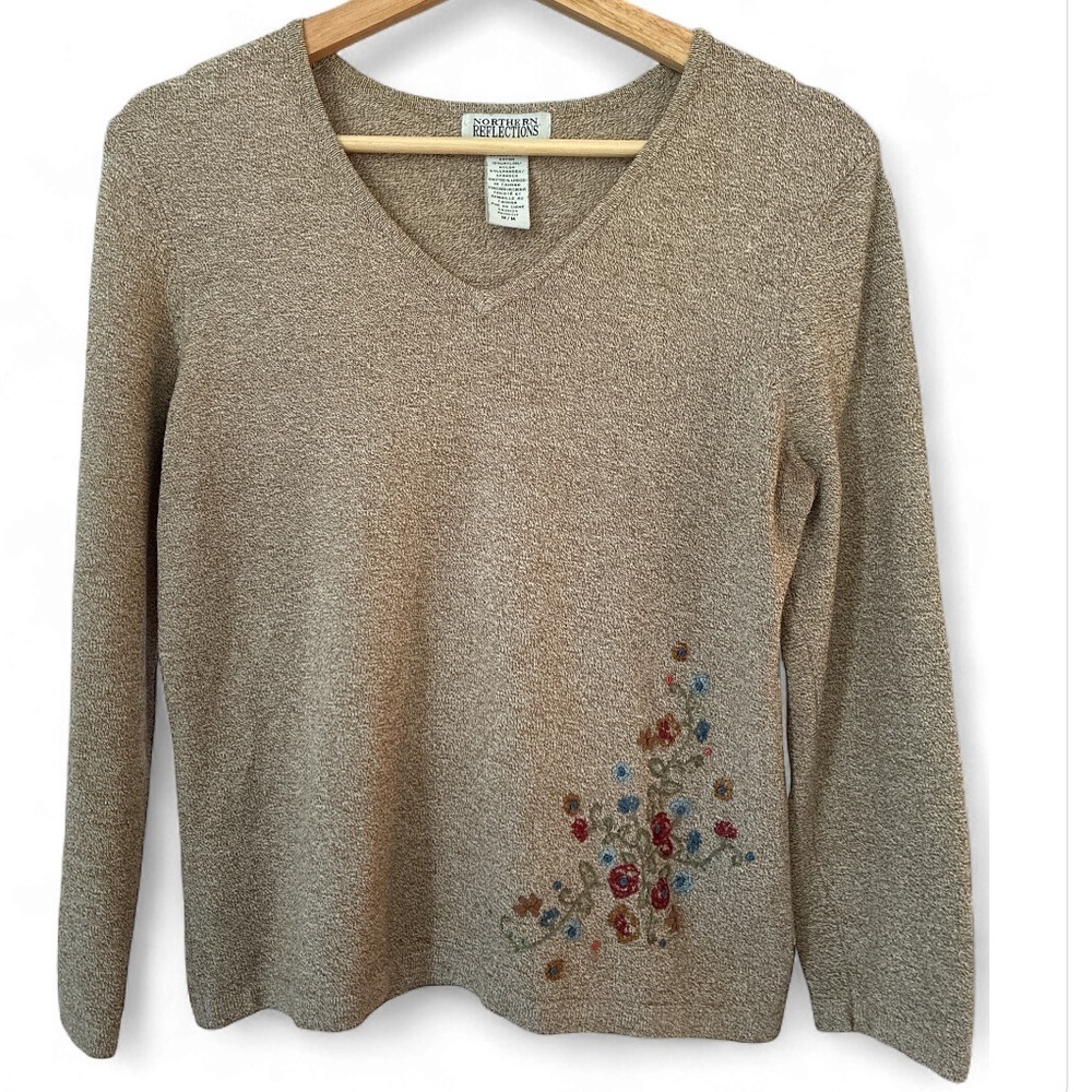 Northern Reflections brown V-Neck Sweater with Floral Embroidery medium - Picture 2 of 8